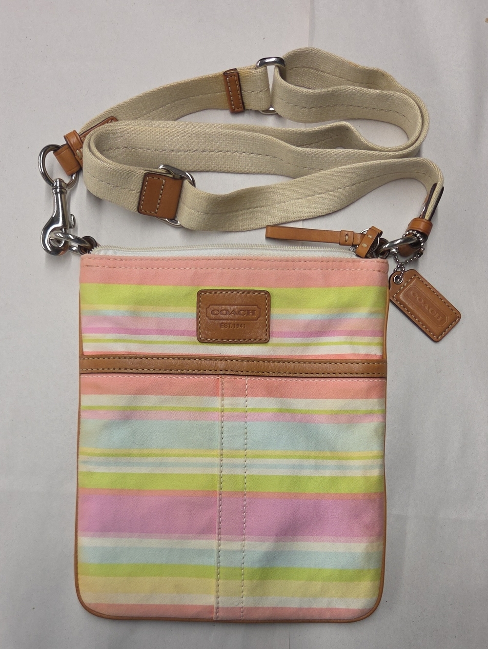 Coach Hampton Pastel Striped Swingpack Crossbody Bag - Pink, Yellow & Cream